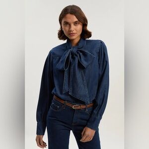 Karen Millen denim pussybow blouse size 2